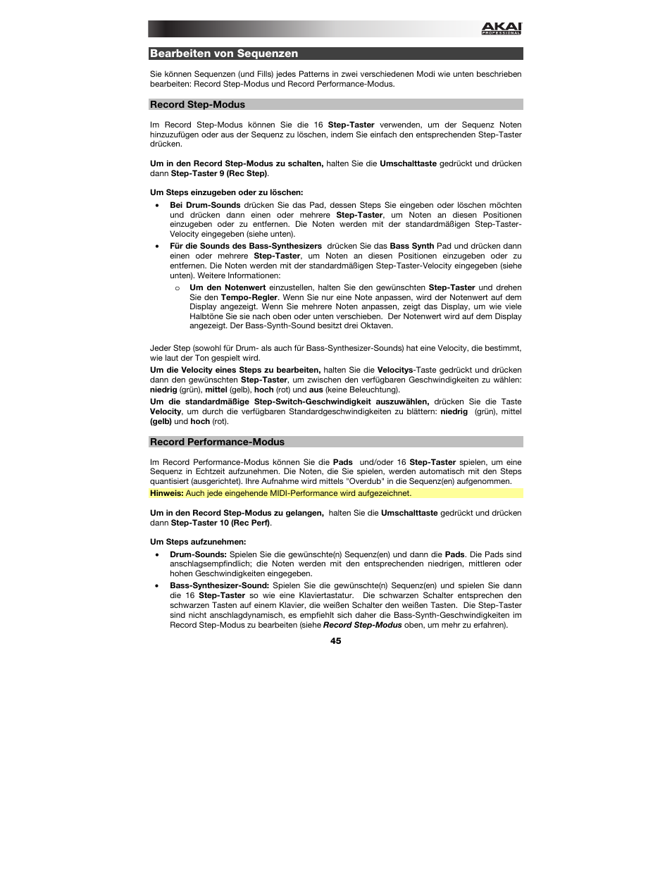 Bearbeiten von sequenzen, Record step-modus, Record performance-modus | In dies | Akai Rhythm Wolf User Manual | Page 45 / 48