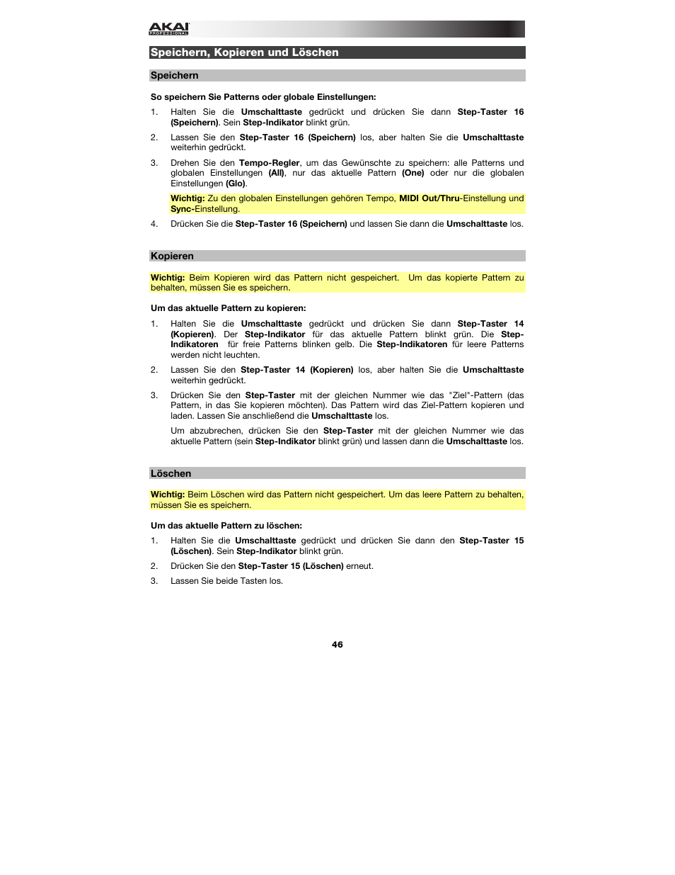 Speichern, kopieren und löschen, Speichern, Kopieren | Löschen | Akai Rhythm Wolf User Manual | Page 46 / 48