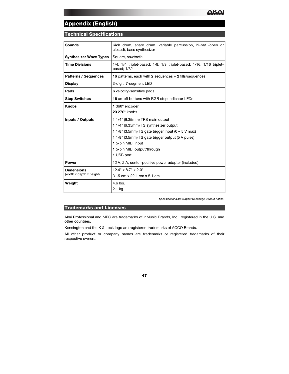 Appendix (english), Technical specifications, Trademarks and licenses | Appendix, English ( 47 ) | Akai Rhythm Wolf User Manual | Page 47 / 48