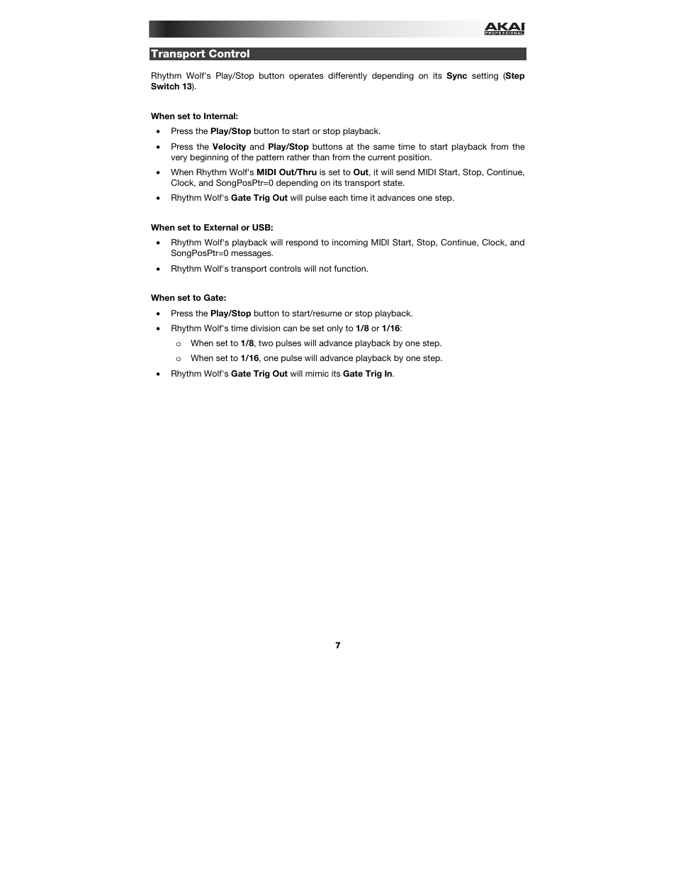 Transport control, E the | Akai Rhythm Wolf User Manual | Page 7 / 48