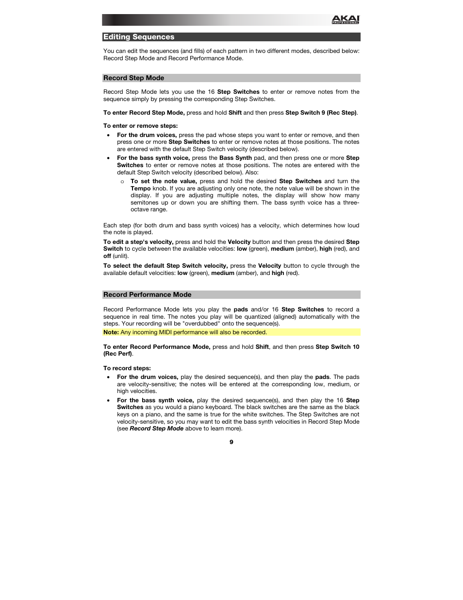 Editing sequences, Record step mode, Record performance mode | See the, Record step, Mode, Record, Performance mode | Akai Rhythm Wolf User Manual | Page 9 / 48