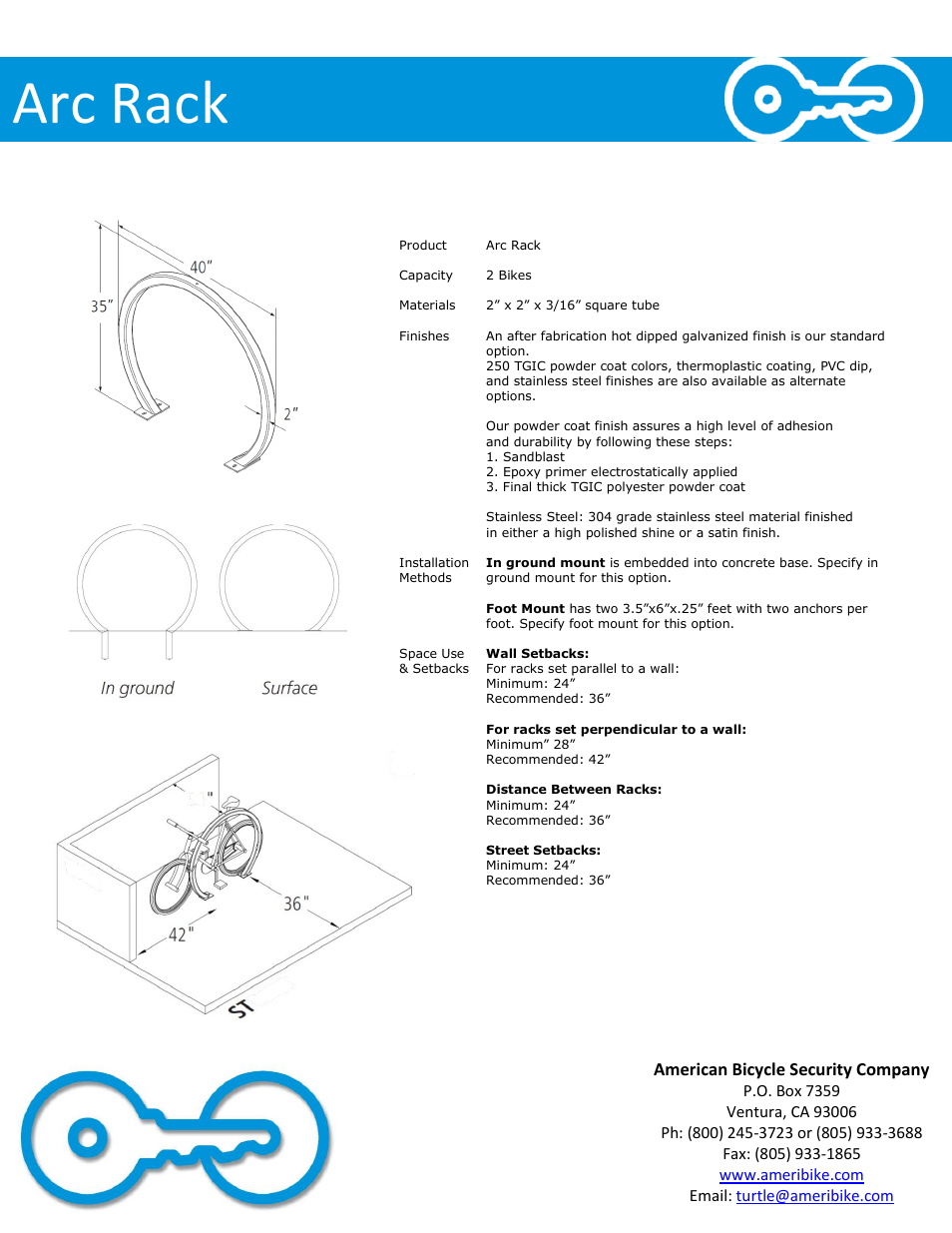 Arc rack, American bicycle security company | American Bicycle Security Company Arc Rack User Manual | Page 2 / 4