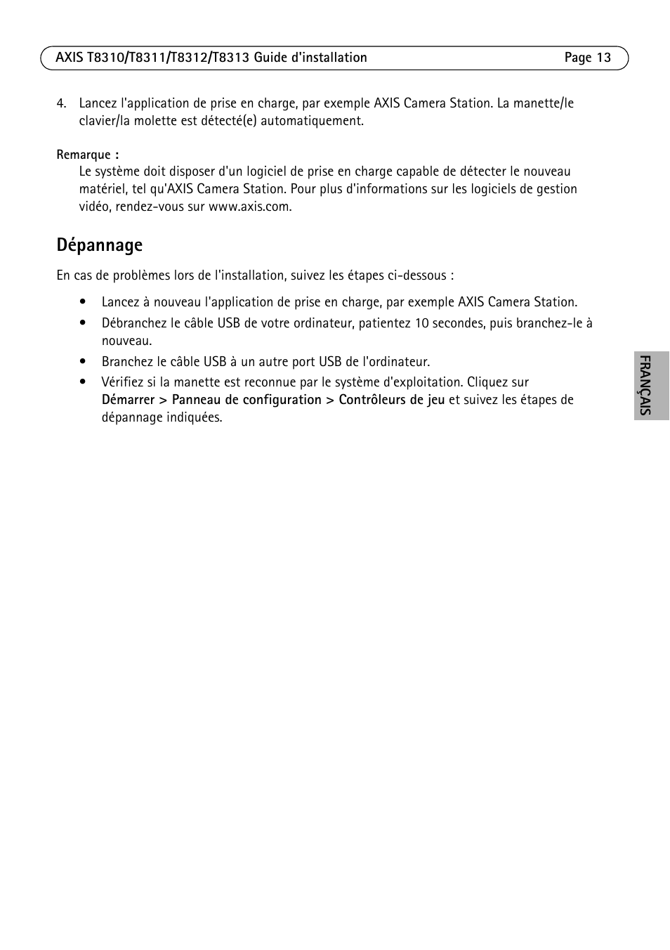 Dépannage | Axis Communications AXIS T8313 User Manual | Page 13 / 34