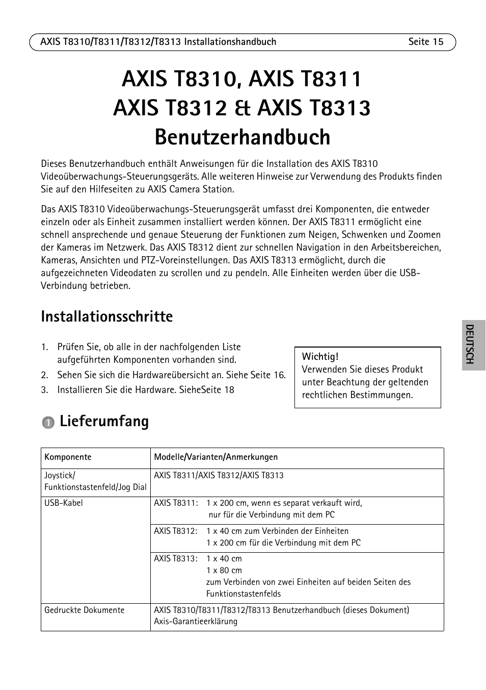 Installationsschritte, Lieferumfang | Axis Communications AXIS T8313 User Manual | Page 15 / 34
