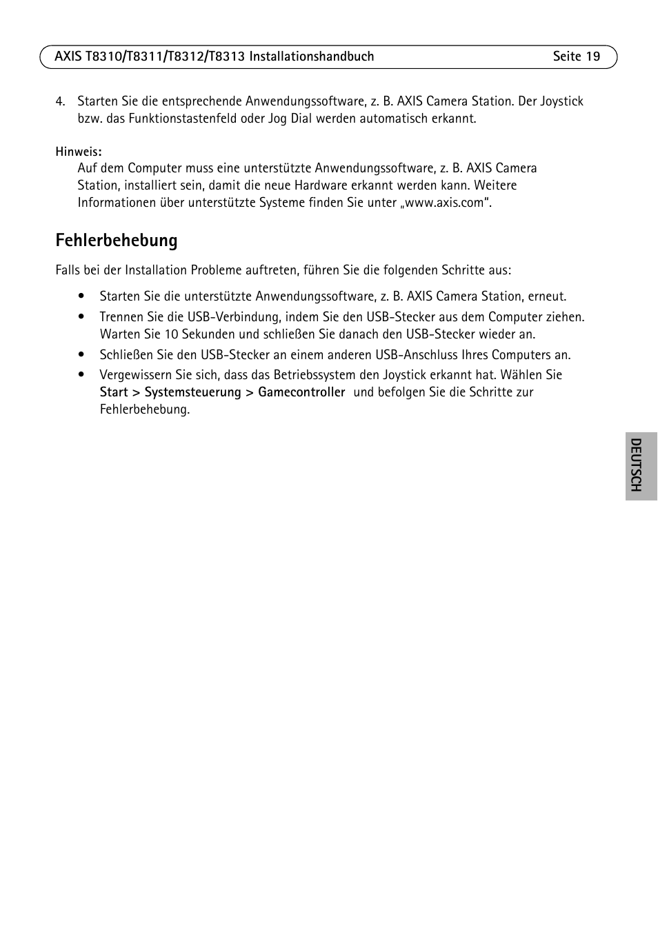 Fehlerbehebung | Axis Communications AXIS T8313 User Manual | Page 19 / 34