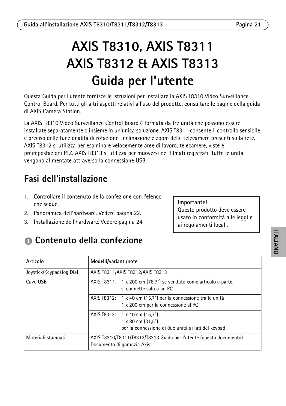 Fasi dell'installazione, Contenuto della confezione | Axis Communications AXIS T8313 User Manual | Page 21 / 34