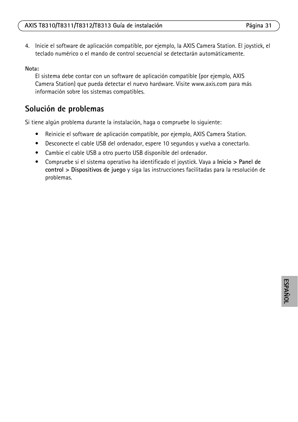 Solución de problemas | Axis Communications AXIS T8313 User Manual | Page 31 / 34
