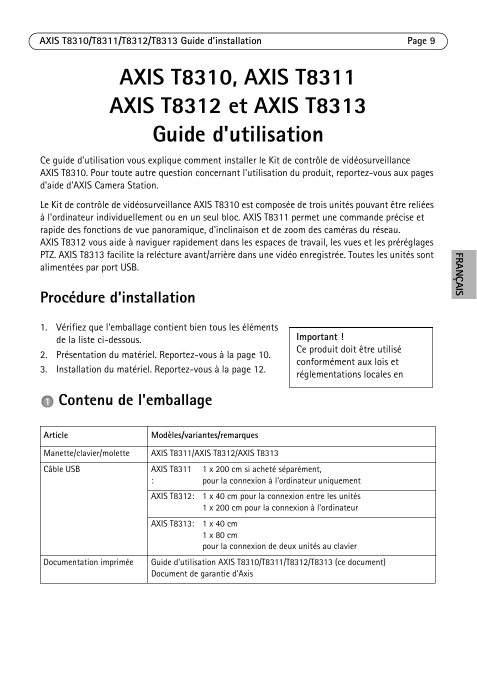 Procédure d'installation, Contenu de l'emballage | Axis Communications AXIS T8313 User Manual | Page 9 / 34