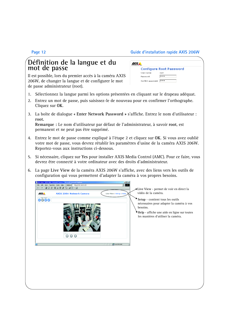 Définition de la langue et du mot de passe | Axis Communications AXIS 206W User Manual | Page 12 / 34