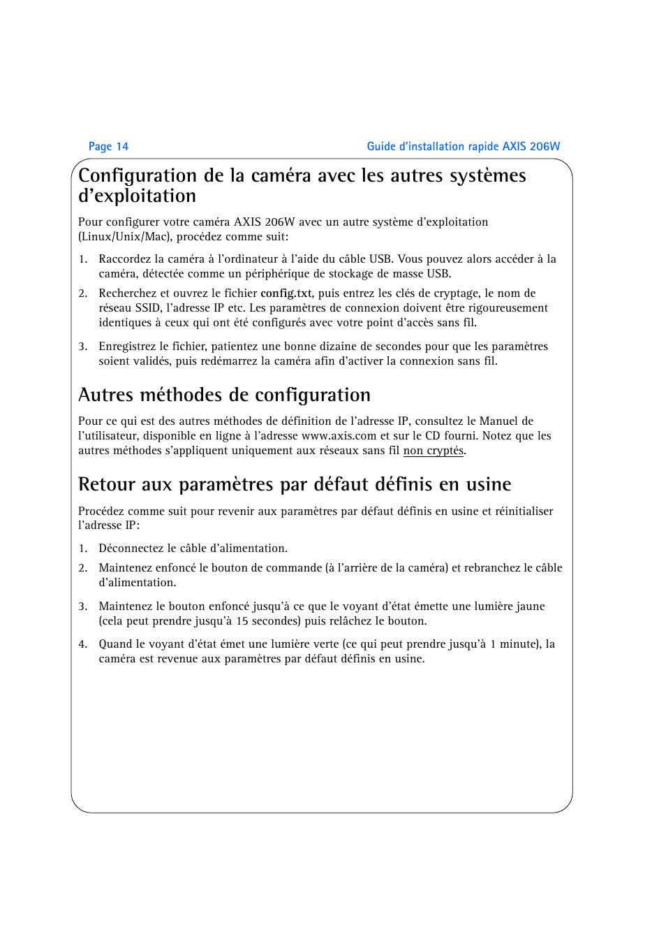Autres méthodes de configuration, Retour aux paramètres par défaut définis en usine | Axis Communications AXIS 206W User Manual | Page 14 / 34