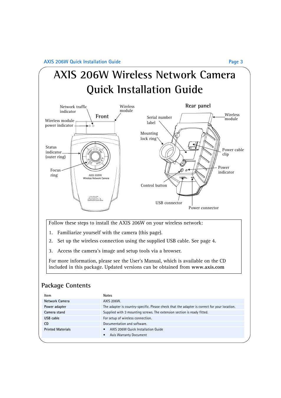 Package contents, Front, Rear panel | Axis Communications AXIS 206W User Manual | Page 3 / 34