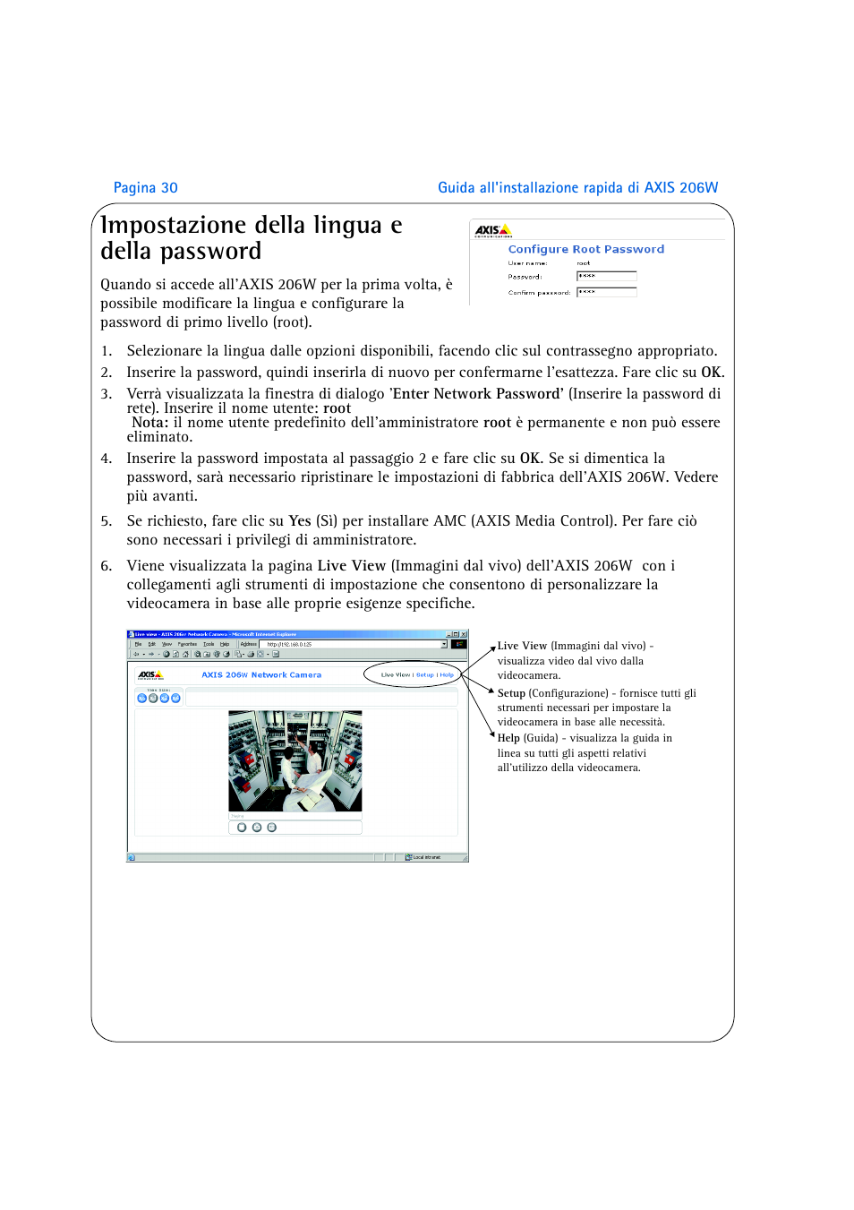 Impostazione della lingua e della password | Axis Communications AXIS 206W User Manual | Page 30 / 34