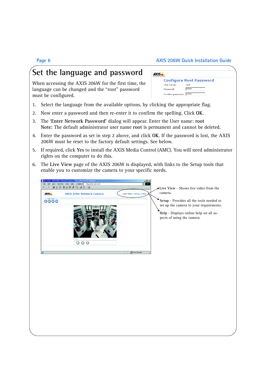 Set the language and password | Axis Communications AXIS 206W User Manual | Page 6 / 34