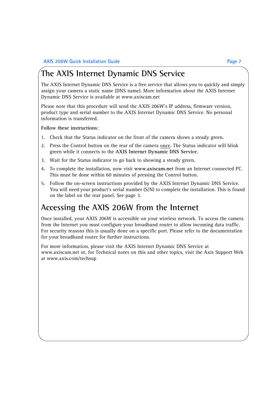 The axis internet dynamic dns service, Accessing the axis 206w from the internet | Axis Communications AXIS 206W User Manual | Page 7 / 34