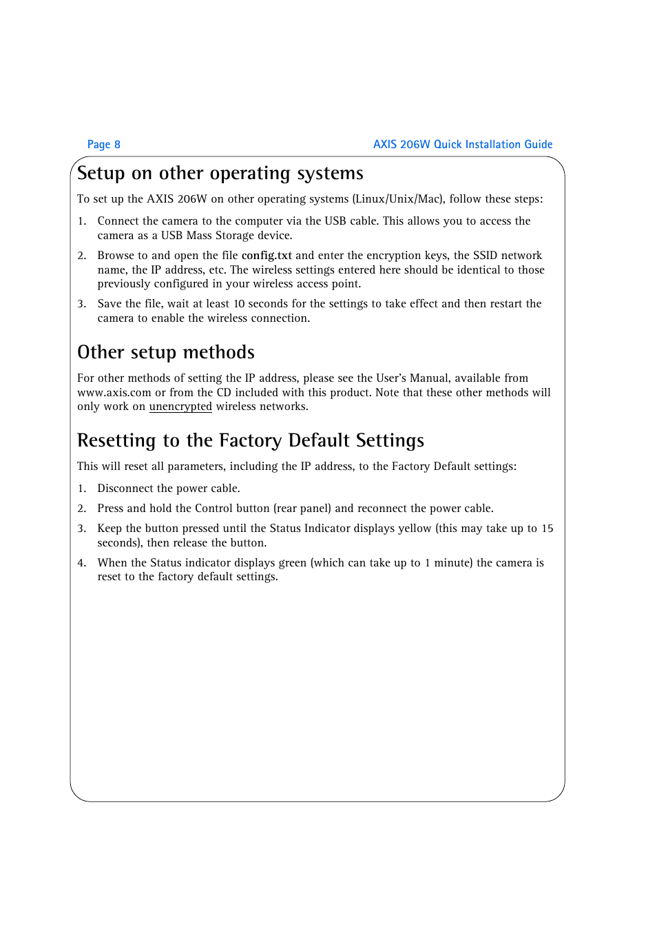 Setup on other operating systems, Other setup methods, Resetting to the factory default settings | Axis Communications AXIS 206W User Manual | Page 8 / 34
