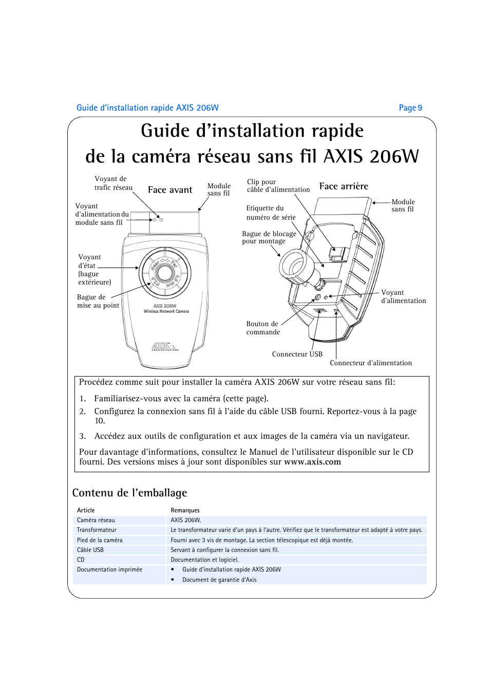 Contenu de l’emballage, Face avant, Face arrière | Axis Communications AXIS 206W User Manual | Page 9 / 34