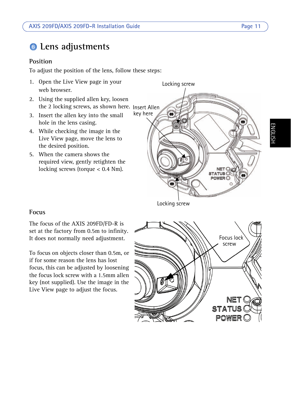 Lens adjustments | Axis Communications 209FD/FD-R User Manual | Page 11 / 71