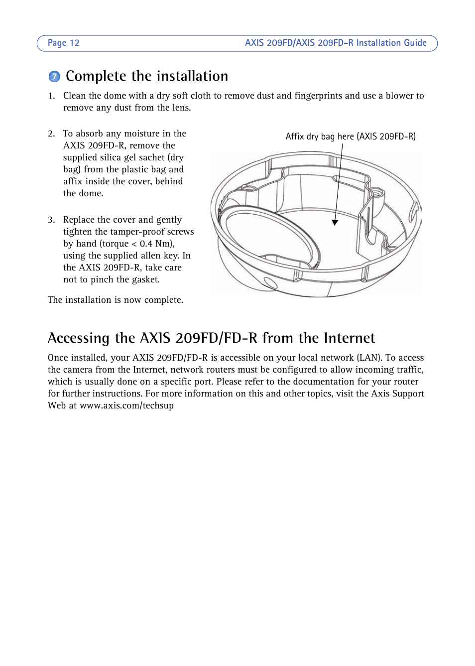 Complete the installation, Accessing the axis 209fd/fd-r from the internet | Axis Communications 209FD/FD-R User Manual | Page 12 / 71