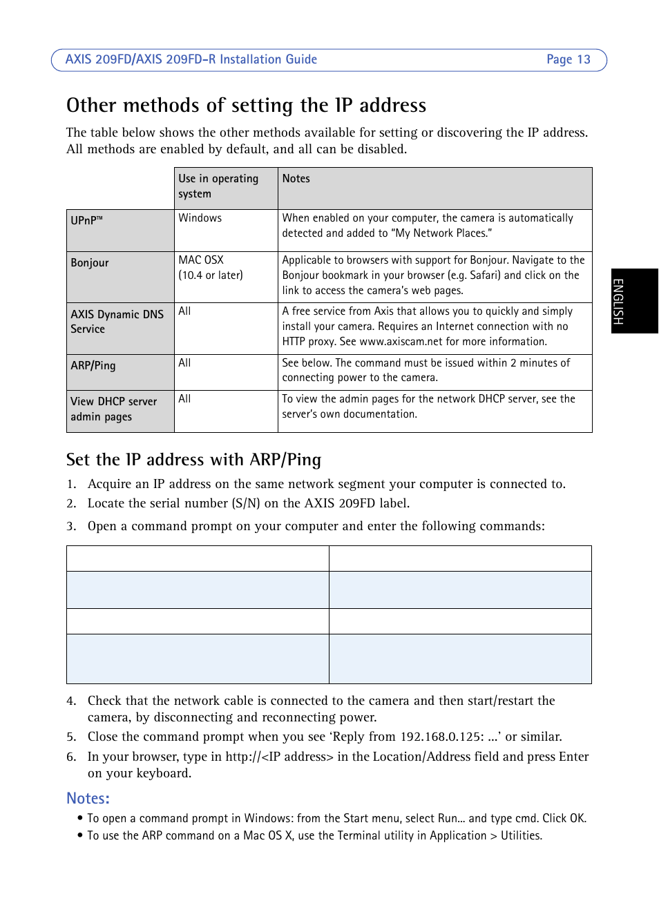 Other methods of setting the ip address, Set the ip address with arp/ping | Axis Communications 209FD/FD-R User Manual | Page 13 / 71