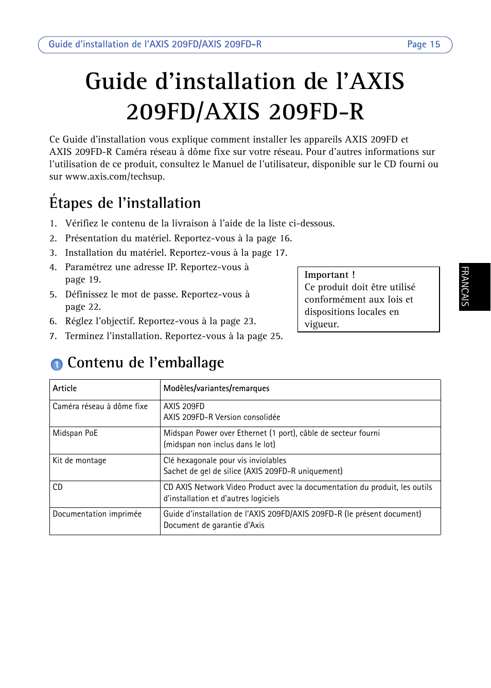 Étapes de l'installation, Contenu de l'emballage | Axis Communications 209FD/FD-R User Manual | Page 15 / 71