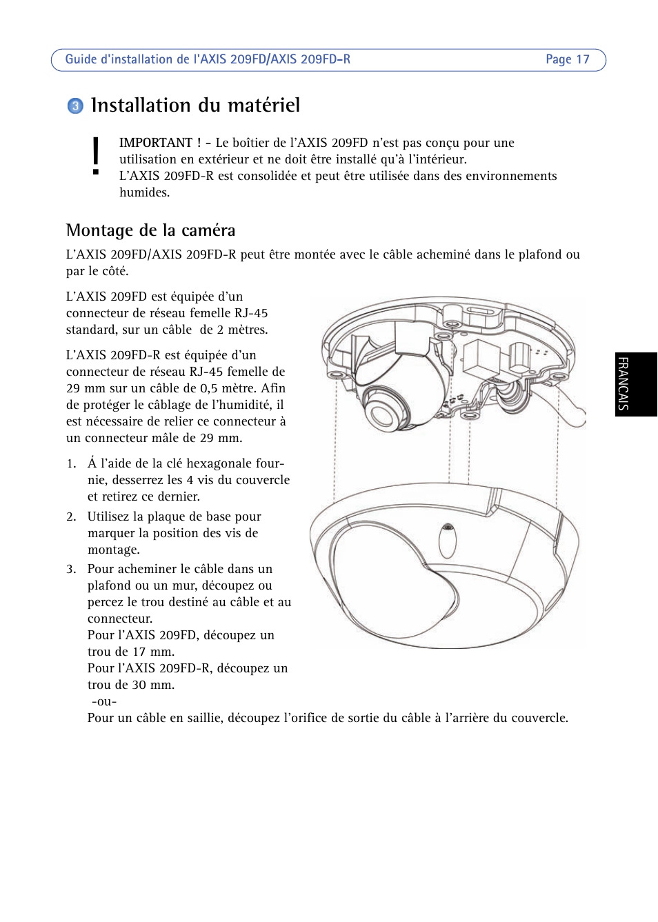 Installation du matériel, Montage de la caméra | Axis Communications 209FD/FD-R User Manual | Page 17 / 71