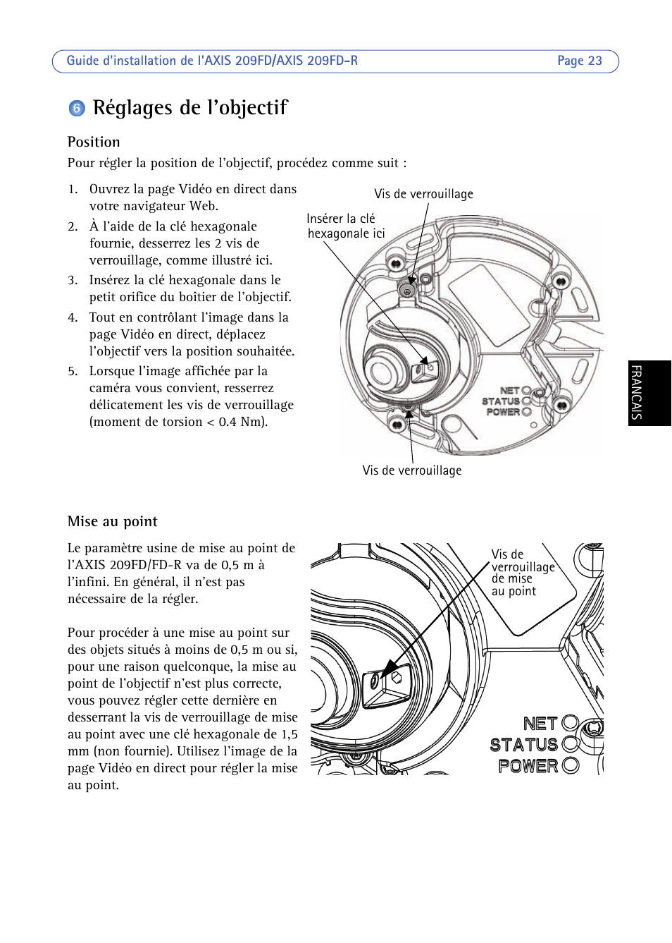 Réglages de l'objectif | Axis Communications 209FD/FD-R User Manual | Page 23 / 71