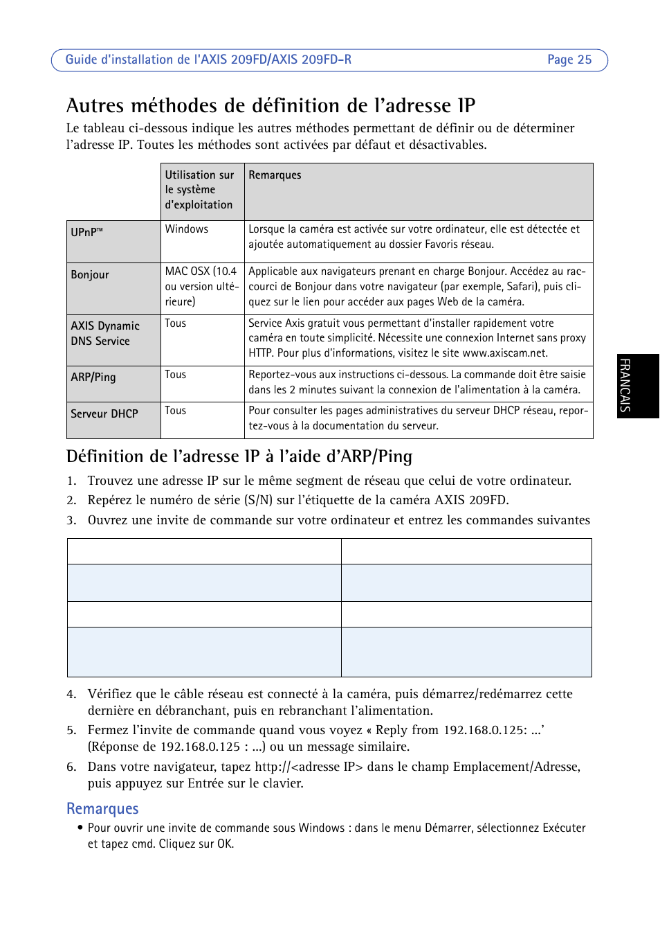 Autres méthodes de définition de l'adresse ip, Définition de l'adresse ip à l'aide d'arp/ping, Remarques | Axis Communications 209FD/FD-R User Manual | Page 25 / 71
