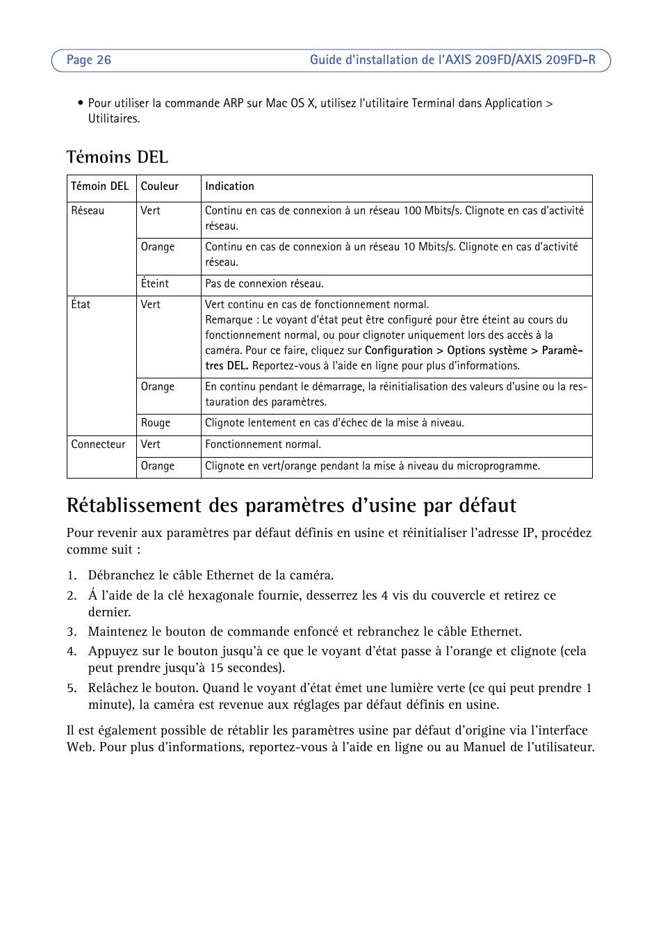 Témoins del, Rétablissement des paramètres d'usine par défaut | Axis Communications 209FD/FD-R User Manual | Page 26 / 71
