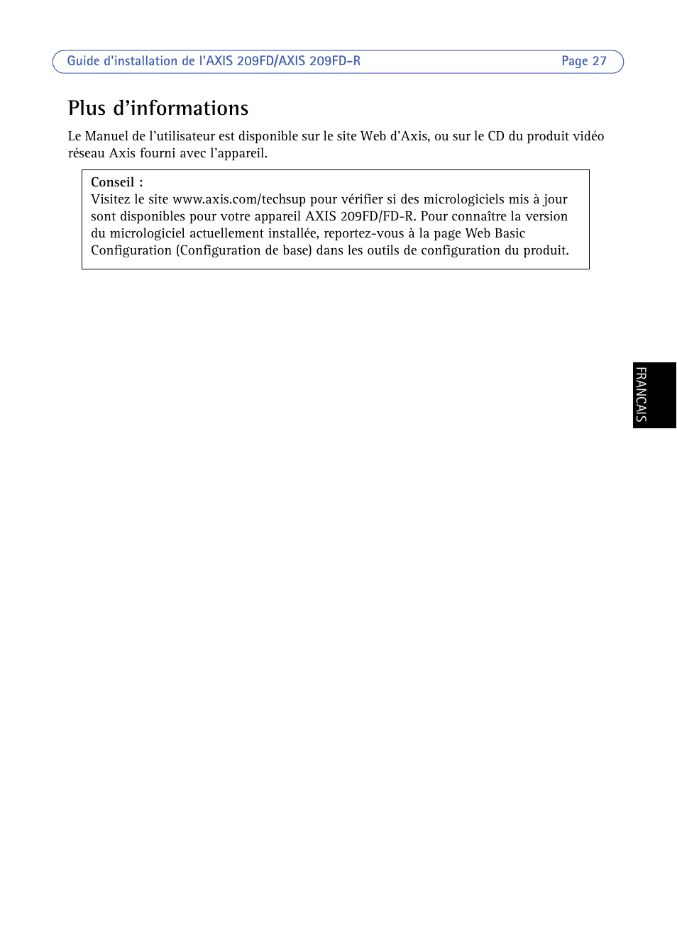 Plus d'informations | Axis Communications 209FD/FD-R User Manual | Page 27 / 71