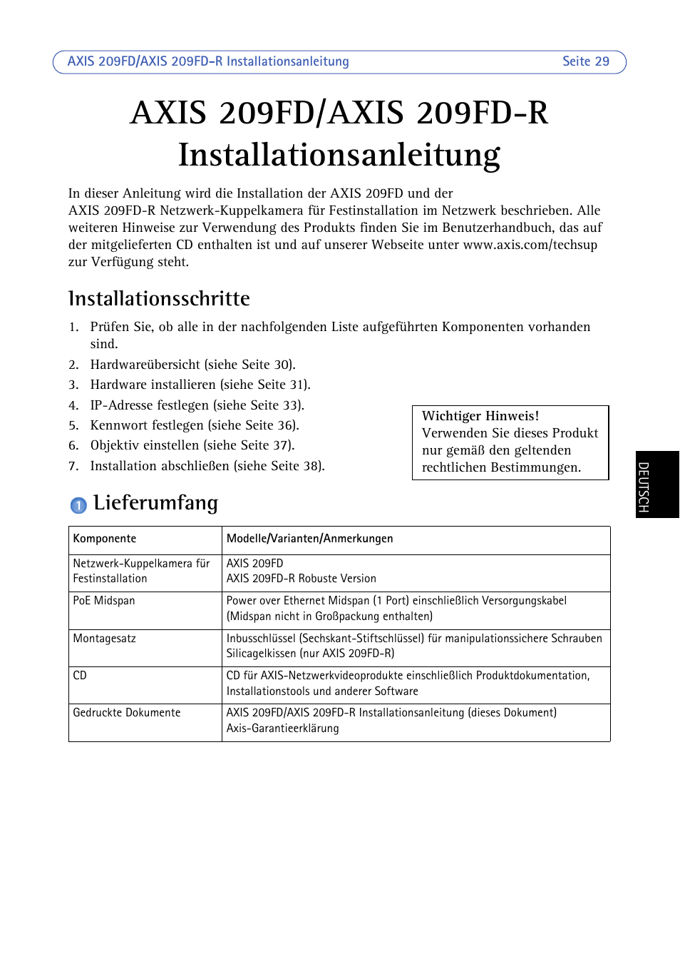 Installationsschritte, Lieferumfang, Installationsanleitung | Axis Communications 209FD/FD-R User Manual | Page 29 / 71