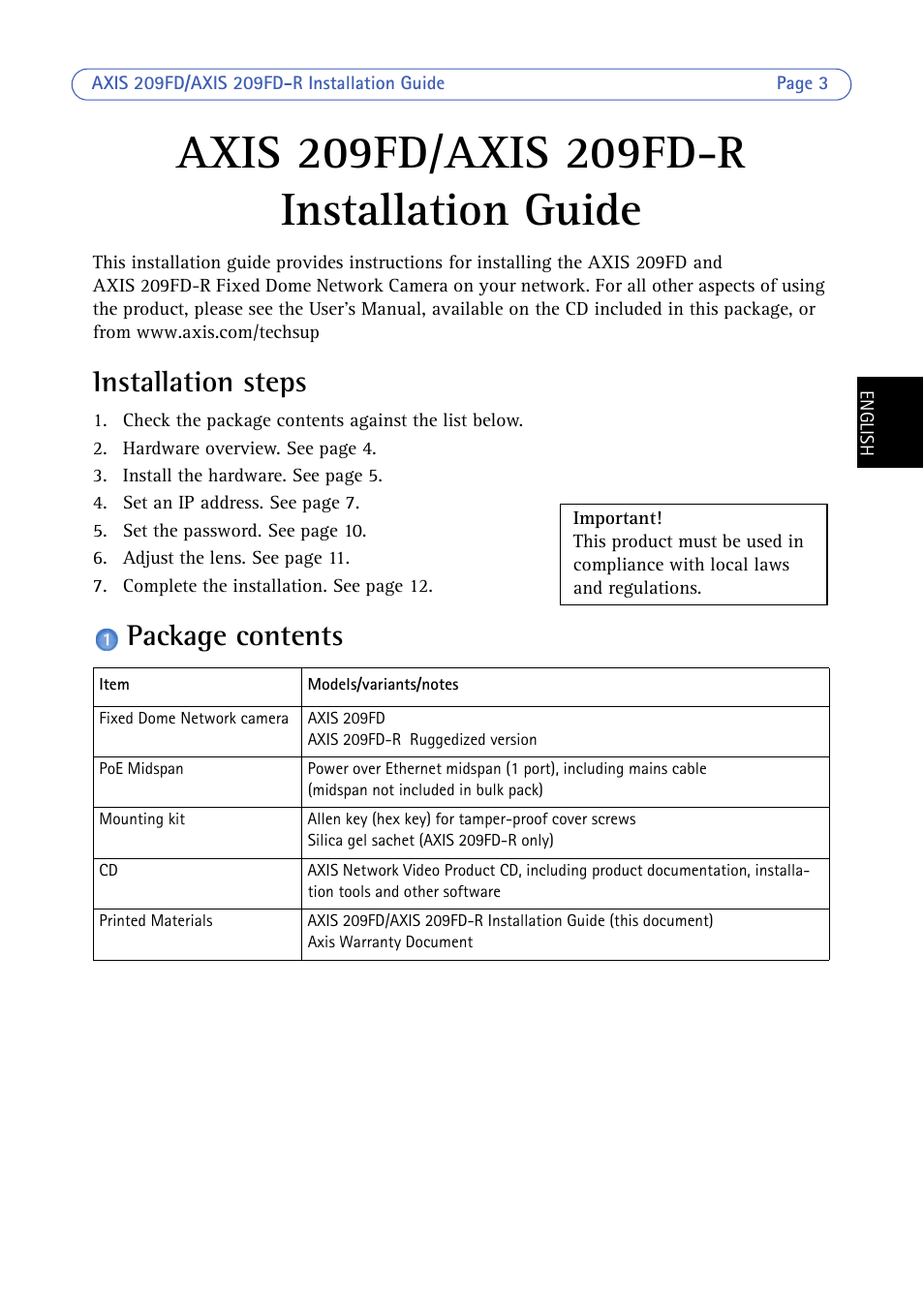 Installation steps, Package contents, Installation guide | Axis Communications 209FD/FD-R User Manual | Page 3 / 71