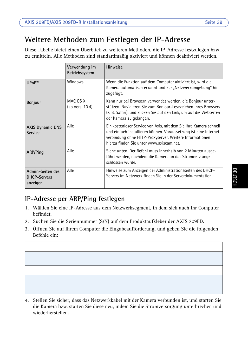 Weitere methoden zum festlegen der ip-adresse, Ip-adresse per arp/ping festlegen | Axis Communications 209FD/FD-R User Manual | Page 39 / 71