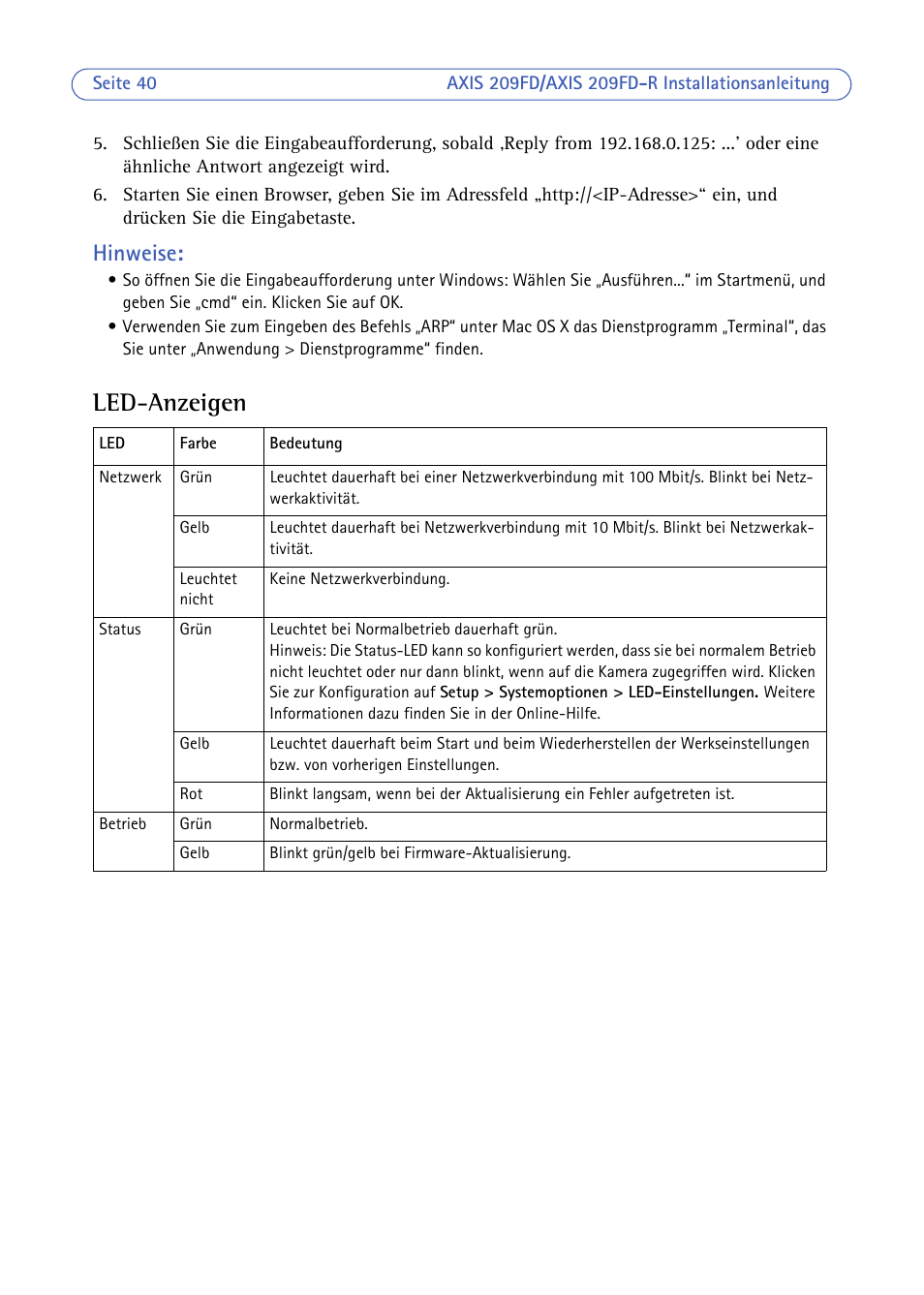 Led-anzeigen, E auf seite 40, Hinweise | Axis Communications 209FD/FD-R User Manual | Page 40 / 71