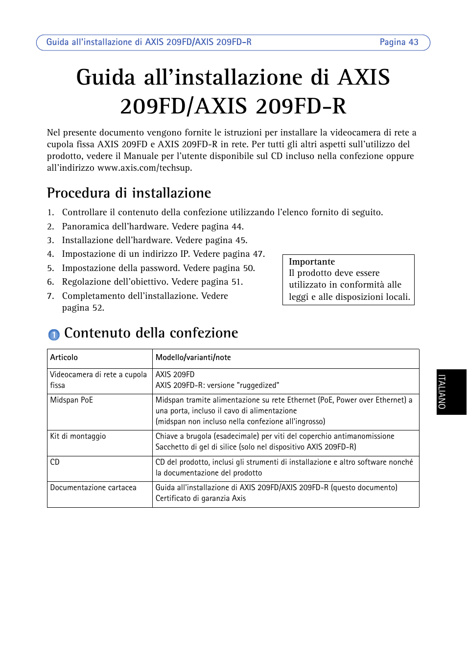 Procedura di installazione, Contenuto della confezione | Axis Communications 209FD/FD-R User Manual | Page 43 / 71