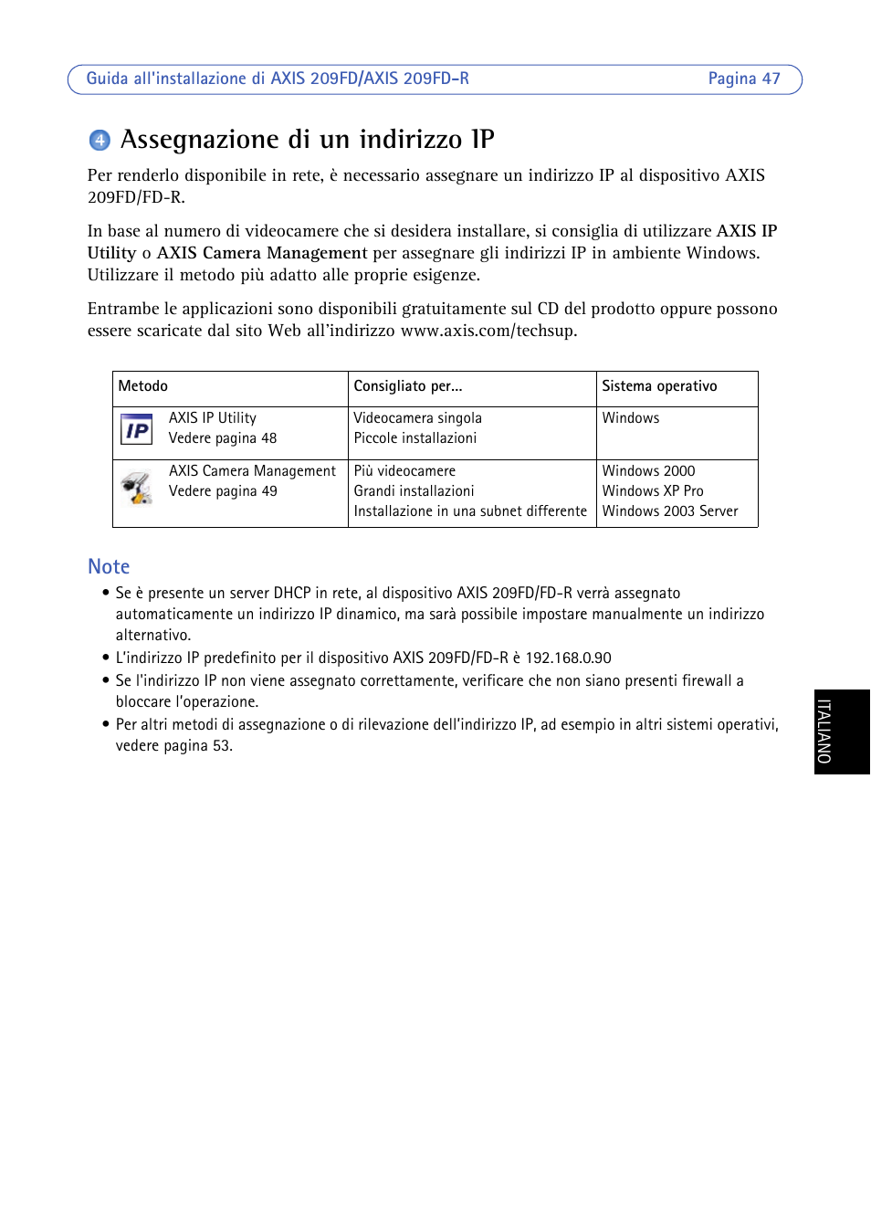 Assegnazione di un indirizzo ip | Axis Communications 209FD/FD-R User Manual | Page 47 / 71