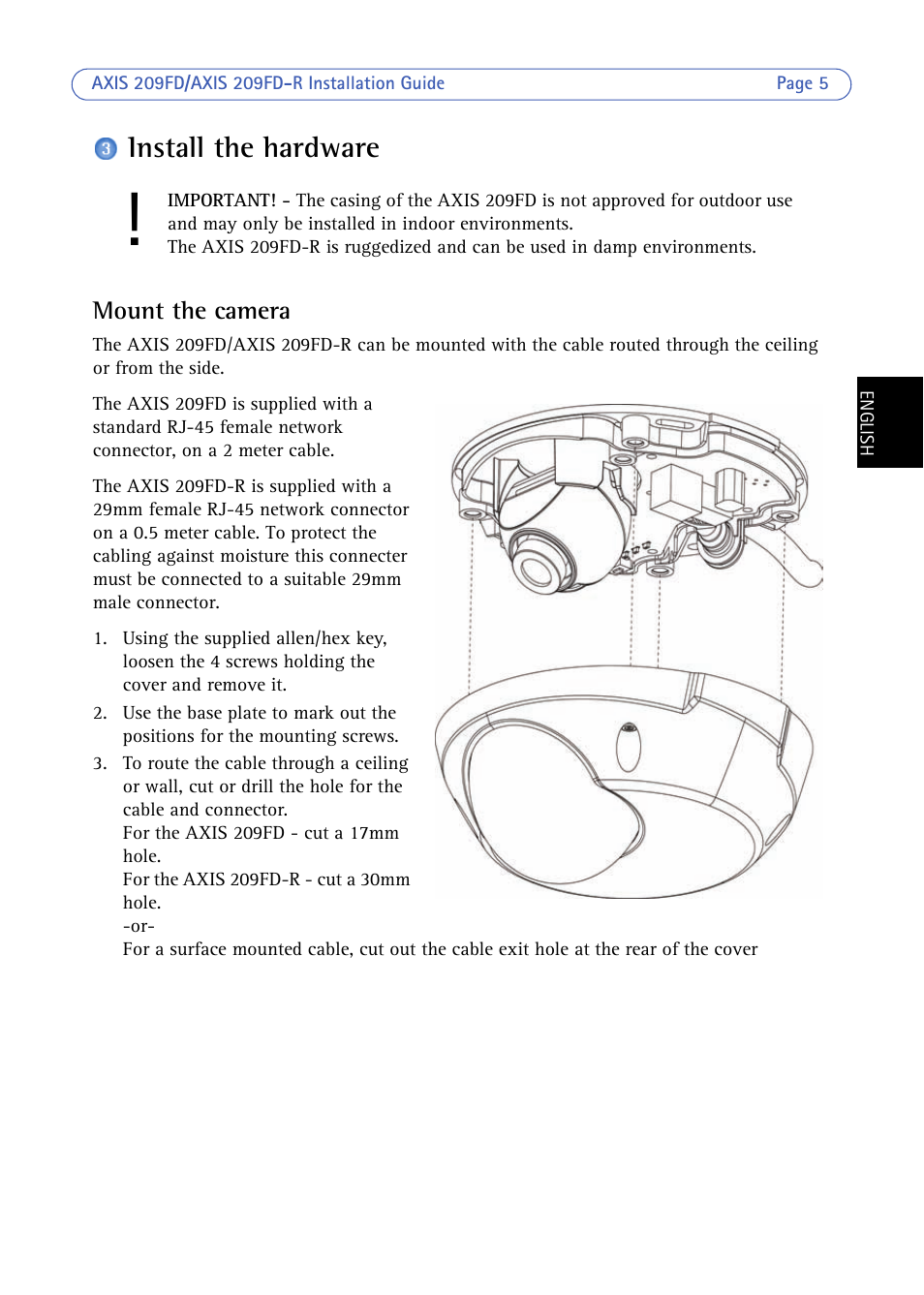 Install the hardware, Mount the camera | Axis Communications 209FD/FD-R User Manual | Page 5 / 71