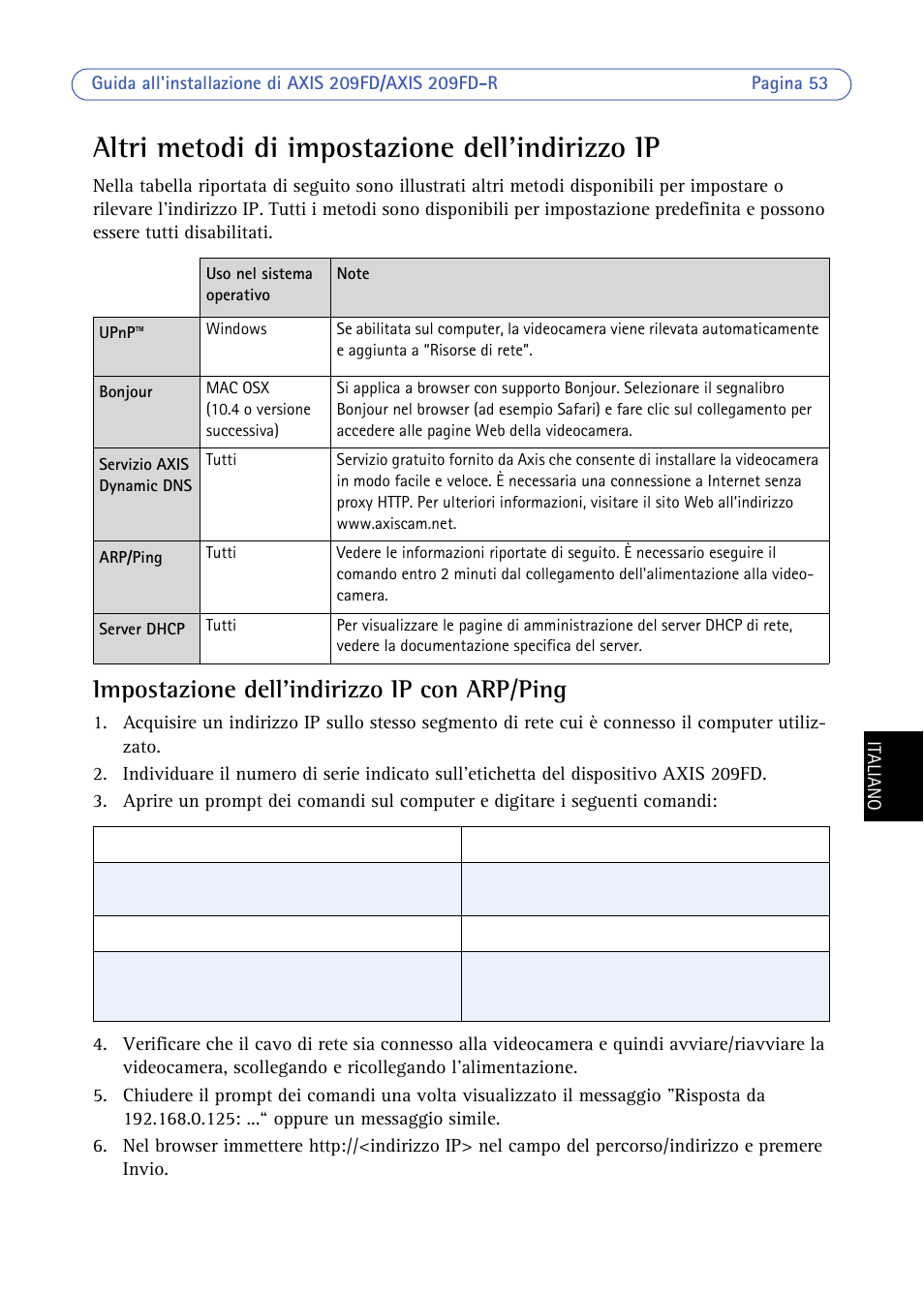 Altri metodi di impostazione dell’indirizzo ip, Impostazione dell'indirizzo ip con arp/ping | Axis Communications 209FD/FD-R User Manual | Page 53 / 71