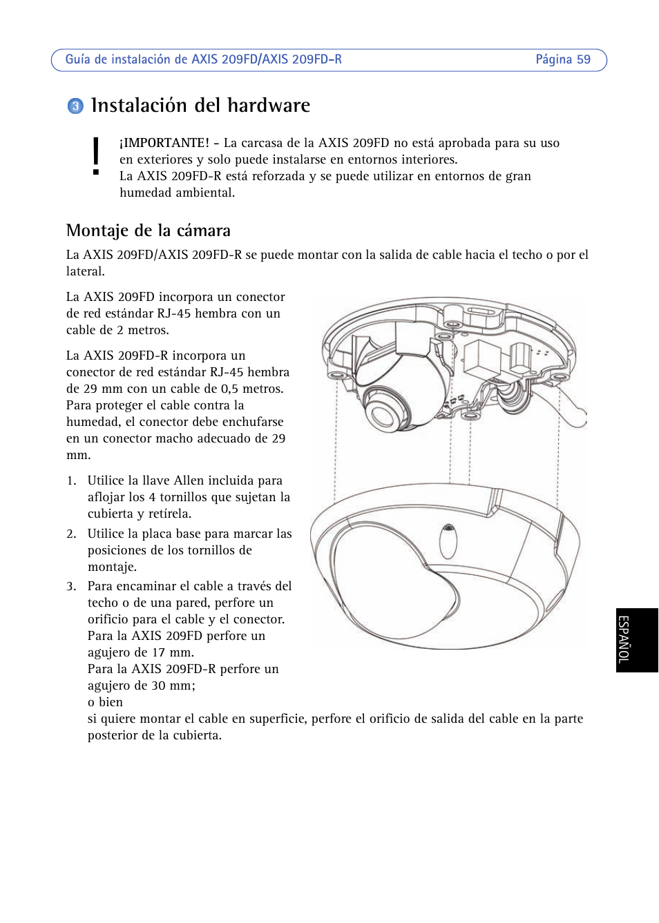 Instalación del hardware, Montaje de la cámara | Axis Communications 209FD/FD-R User Manual | Page 59 / 71