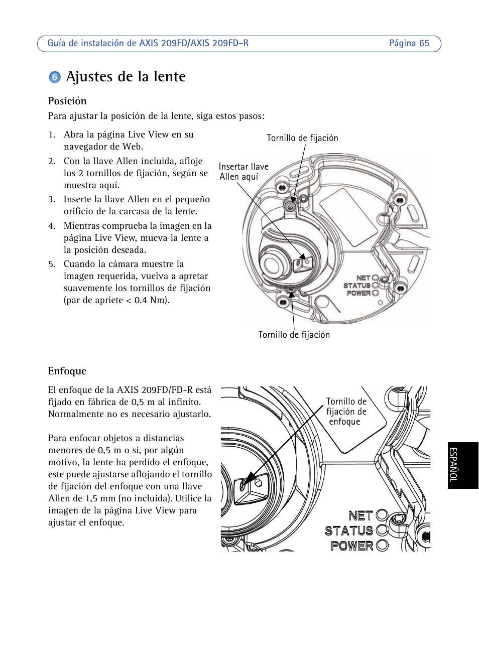Ajustes de la lente | Axis Communications 209FD/FD-R User Manual | Page 65 / 71