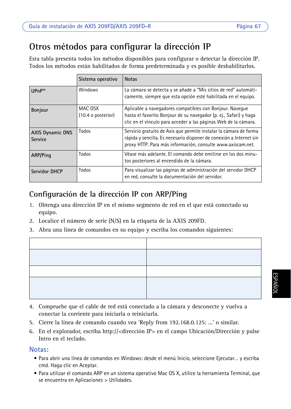 Otros métodos para configurar la dirección ip, Configuración de la dirección ip con arp/ping, Notas | Axis Communications 209FD/FD-R User Manual | Page 67 / 71