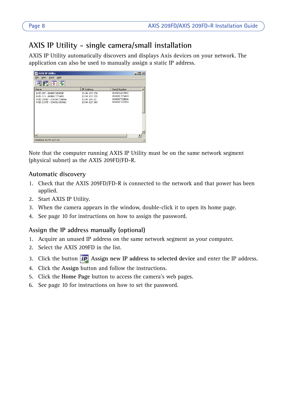 Axis ip utility - single camera/small installation | Axis Communications 209FD/FD-R User Manual | Page 8 / 71