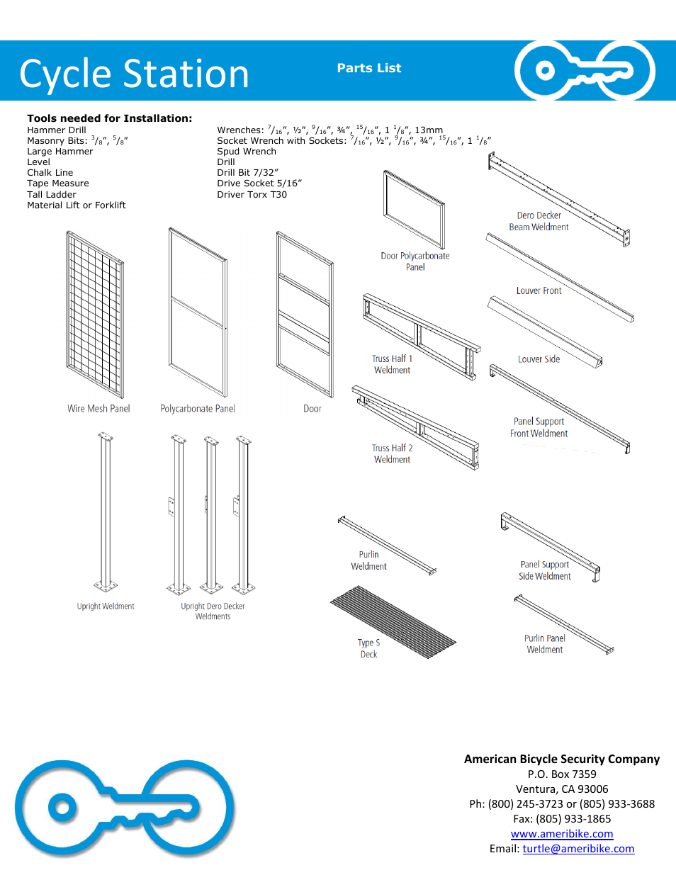 Cycle station, American bicycle security company, Parts list | American Bicycle Security Company Cycle Station User Manual | Page 3 / 7
