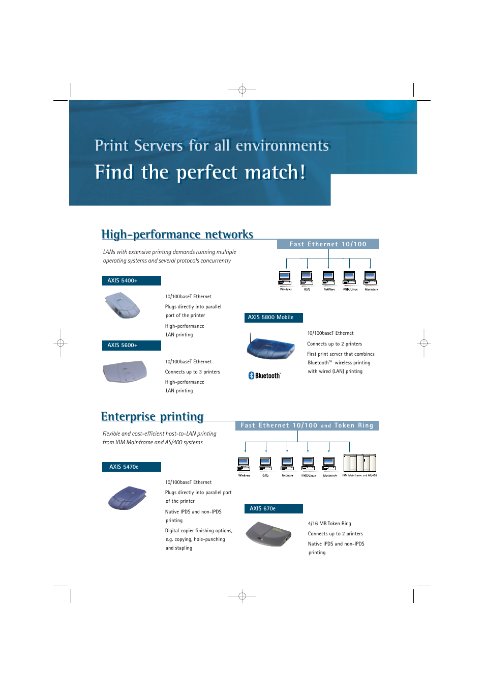Find the perfect match, Print servers for all environments, High-performance networks | Enterprise printing | Axis Communications AXIS 5400+ User Manual | Page 2 / 6
