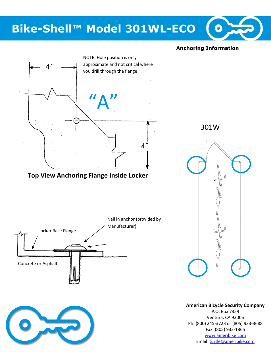 Bike-shell™ model 301wl-eco, 301w, Top view anchoring flange inside locker | American Bicycle Security Company 301WL-ECO User Manual | Page 4 / 4