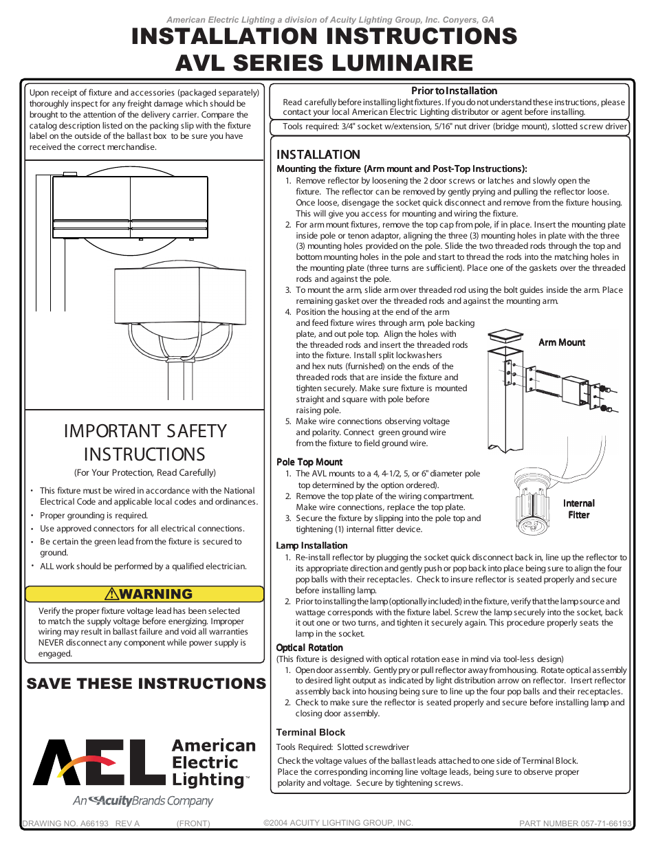 American Electric Lighting AVL new User Manual | 2 pages