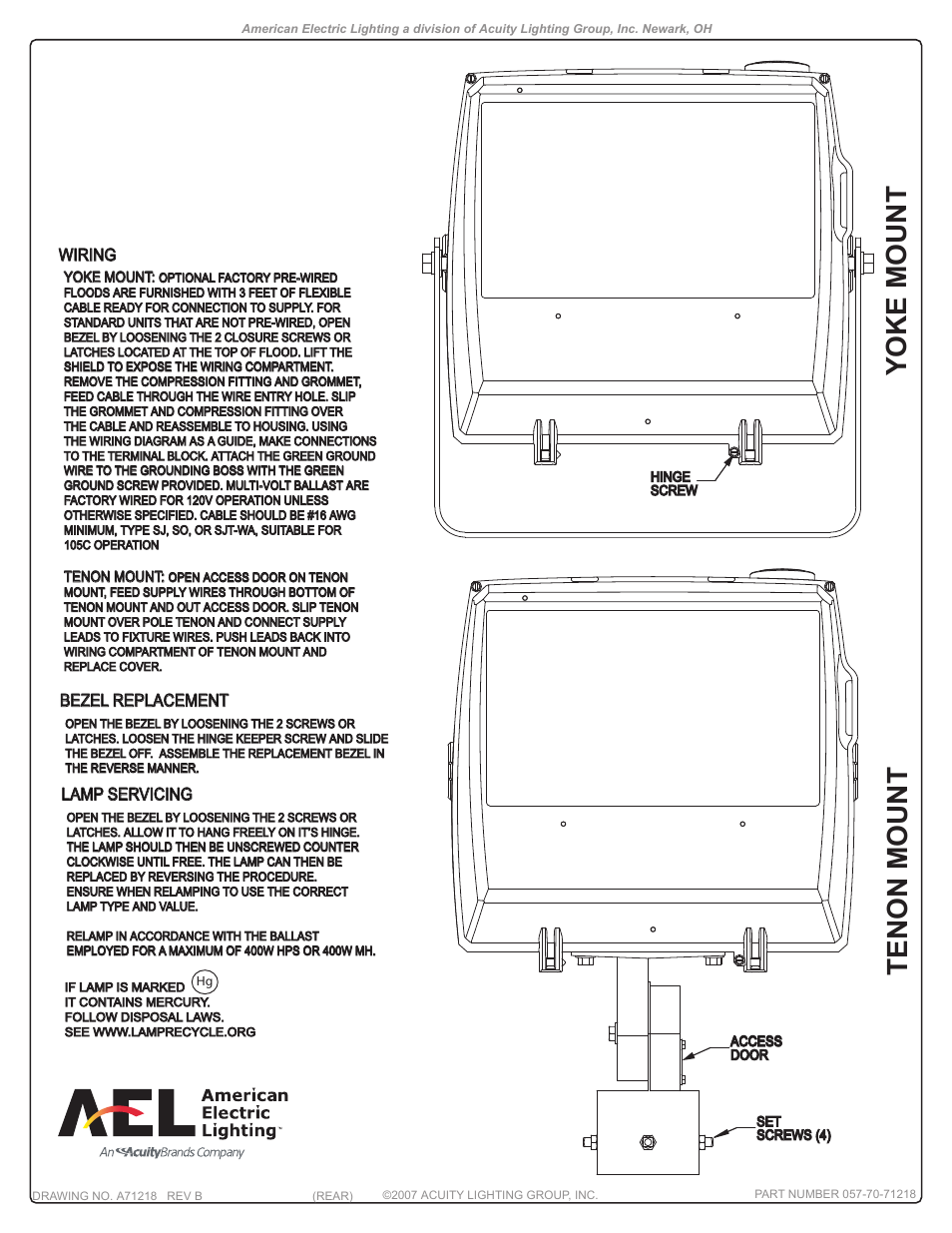 Yoke mount tenon mount, Wiring, Bezel replacement | Lamp servicing | American Electric Lighting ACP User Manual | Page 2 / 3