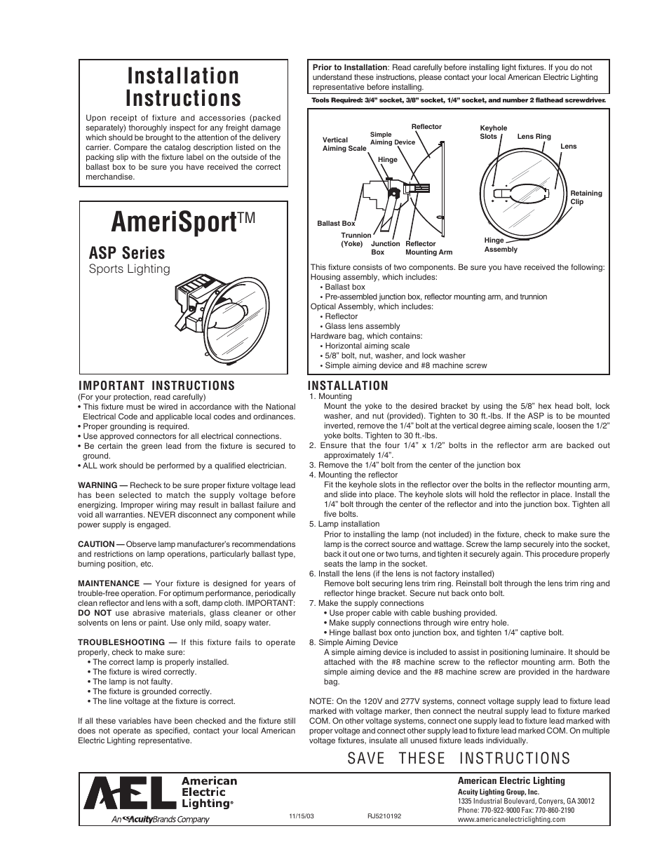 American Electric Lighting ASP User Manual | 1 page