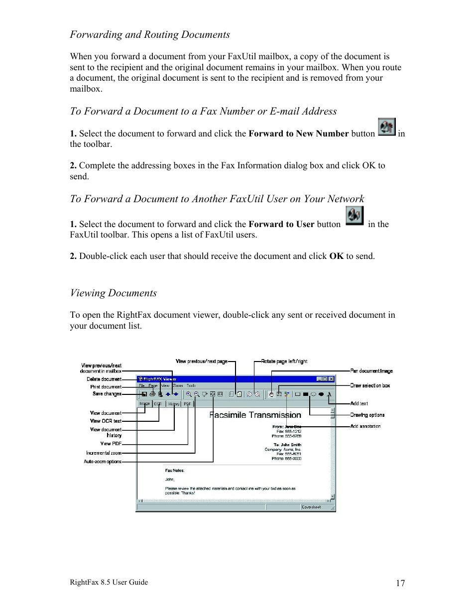 Forwarding and routing documents, Viewing documents | Axis Communications RightFax 8.5 User Manual | Page 17 / 20