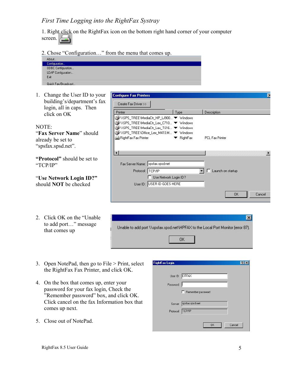 First time logging into the rightfax systray | Axis Communications RightFax 8.5 User Manual | Page 5 / 20