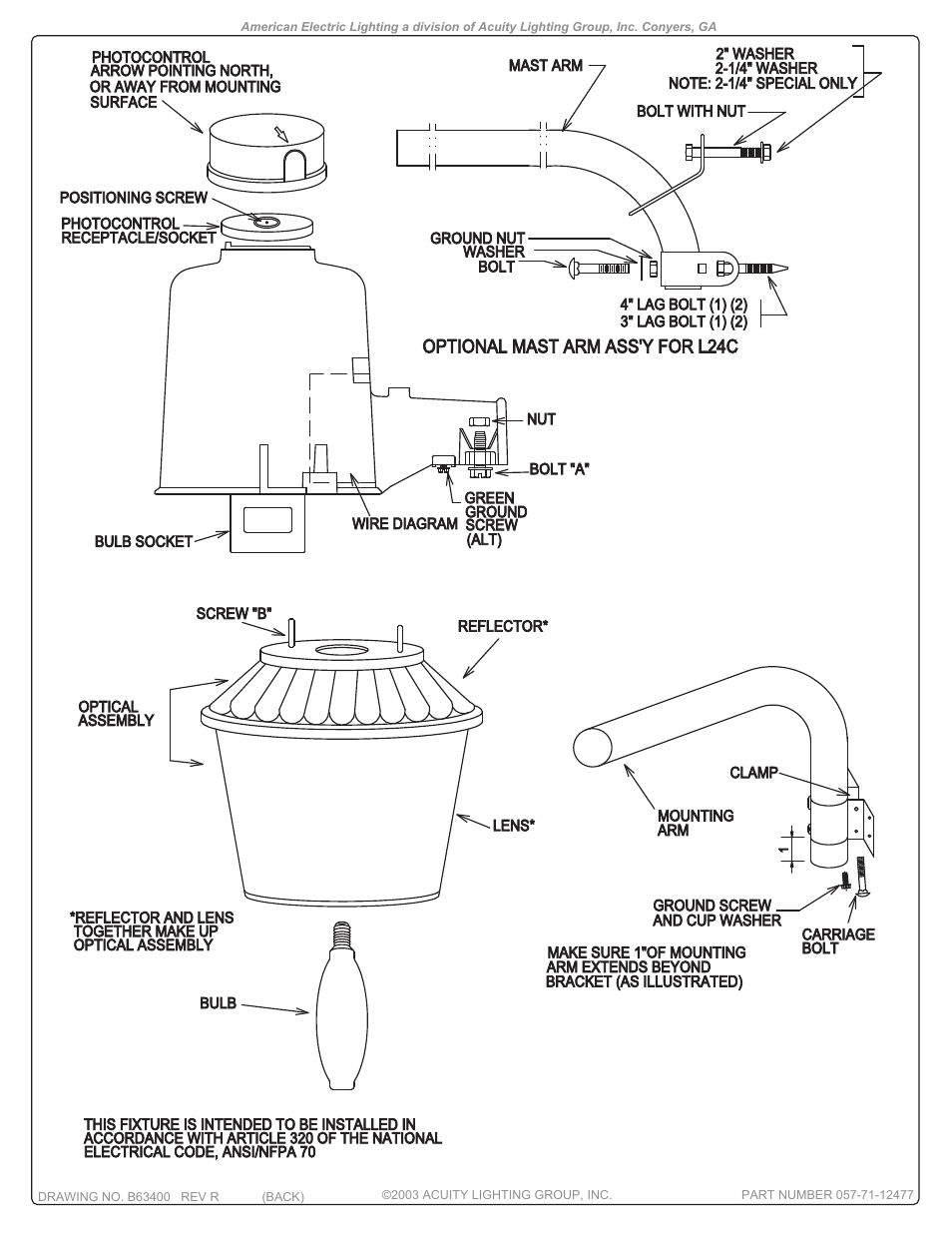 Optional mast arm ass'y for l24c | American Electric Lighting Series 11 Package User Manual | Page 2 / 2